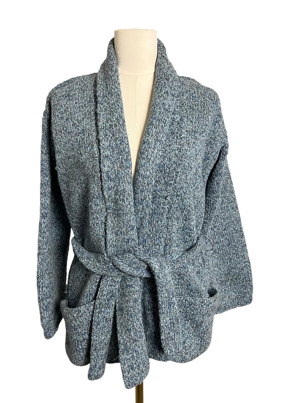 Maria Parisi Italy Belted Cardigan Blue Marled Knit Pockets Cozy Sweater Heavy